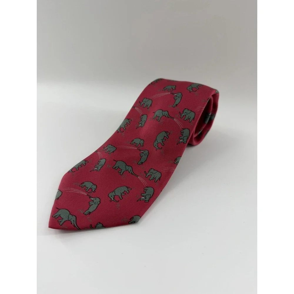 Hermes Paris Necktie Elephant Print 100% Silk Red Men's France Luxury High End